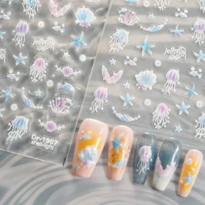 Autocollants d'ongles coquillage méduse gaufrés 5D thème océan holographique manucure