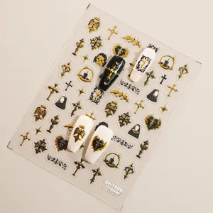 5D embossed gothic nail stickers gold black cross nail art decals sheet for women manicure