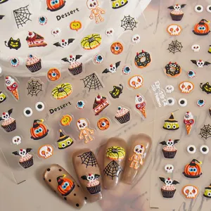 Stickers d'ongles Halloween gaufrés 5D avec squelettes mignons, citrouilles et motifs.