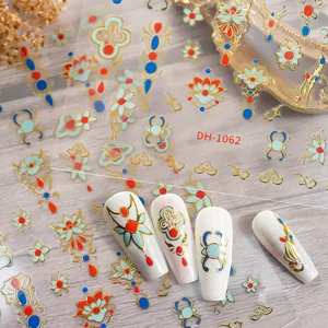 3D metallic gold foil nail art stickers with vintage red blue court patterns for diy manicure.