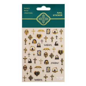5D golden gothic nail stickers with cross and skull patterns for Halloween art design.