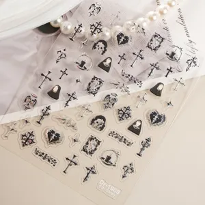 5D embossed gothic nail stickers featuring crosses, skulls, and hearts for Halloween nail art.