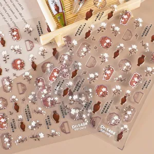 5D embossed Chinese style nail art stickers featuring floral and vase designs for chic manicures.