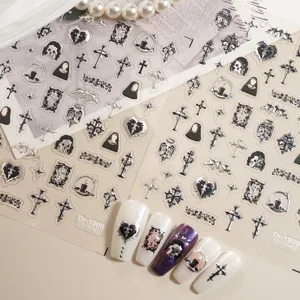 5D embossed gothic nail stickers detail showing silver crosses, skulls, and heart designs.