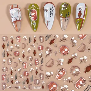 5D embossed Chinese style nail stickers featuring flower and vase designs, elegant manicure decors.