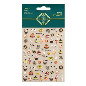 Autocollants d'ongles d'Halloween gaufrés 5D avec des motifs de fantômes et de squelettes.