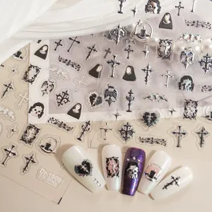 5D embossed silver gothic nail stickers featuring cross and skull designs for detailed nail art.