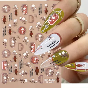Redanco 5D embossed Chinese style nail stickers featuring floral vase and traditional poetry designs.