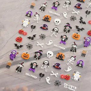 Autocollants d'Art d'Ongles Gaufrés 5D d'Halloween Fantôme Squelette Citrouille Décorations de Manucure