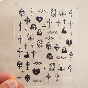 5D embossed gothic nail stickers featuring cross and skull designs for stunning manicure art.