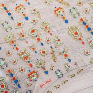 3D gold foil Chinese style nail art stickers traditional floral DIY nail decal sheets