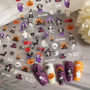 Adesivi per unghie di Halloween in rilievo 5D teschio zucca manicure decalcomanie He-1915