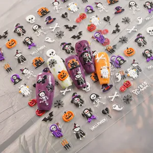 Autocollants d'ongles Halloween gaufrés 5D mignon fantôme crâne citrouille décors