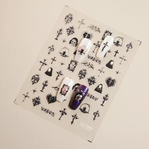 5D embossed gothic nail stickers sheet, Halloween cross and skull nail art detail view.