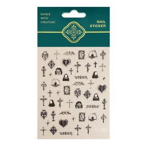 5D silver embossed gothic cross nail art stickers, vintage religious decals for DIY art.