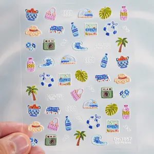 5D gepraegte Sommer Strand Nagelkunst Aufkleber niedliche Cartoon Ozean Welle Palmbaum Details