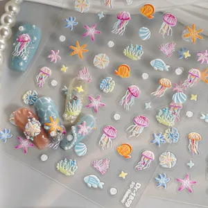 5D embossed nail stickers, cute marine life jellyfish starfish coral adhesive art decor
