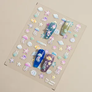 5D embossed marine nail stickers featuring cute jellyfish starfish shells and display nail tips detail.