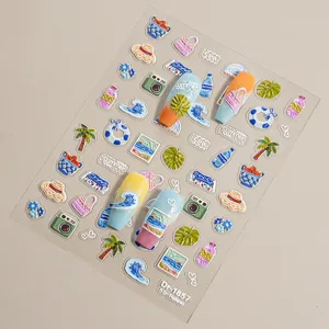 5D geprägte Sommer Strand Nagelaufkleber mit niedlichen dreidimensionalen Urlaubs-Motiven.