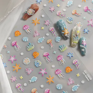 5D embossed nail art stickers cute ocean theme jellyfish starfish shell decals for manicure design