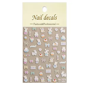 5D embossed cute rabbit bow nail art stickers, fashion cartoon manicure decals for women girls.