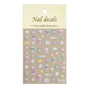 5D embossed ocean nail art stickers cute jellyfish shell star manicure decals 1 sheet