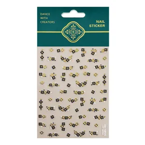 Close-up detail view of 5D embossed black and gold floral nail sticker sheet packaging.