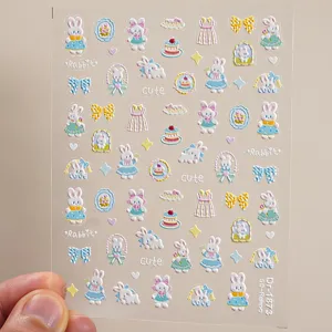 5D geprägte süße Kaninchen Nagelsticker süße Cartoon Schleife Nagelaufkleber für Frauen Mädchen