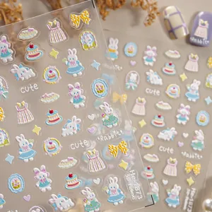 5D embossed cute rabbit bow nail stickers, sweet cartoon nail art decals for women girls.