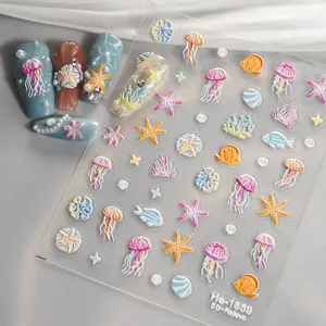 5D embossed marine nail stickers featuring cute jellyfish, starfish, and fish for summer nail art.