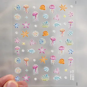 5D embossed ocean nail stickers featuring cute jellyfish starfish shells for DIY nail art design.