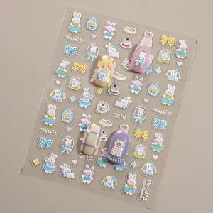 5D geprägte süße Kaninchen Nagelaufkleber, niedliche Schleifen Designs für DIY Maniküre Deko.