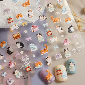 5D embossed cute cat nail stickers, sweet cartoon kitten self-adhesive decals for nail art.