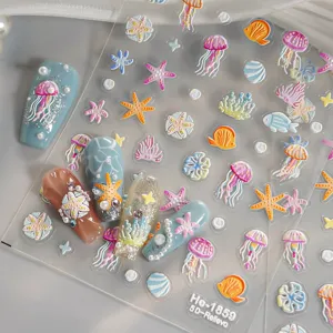 5D embossed ocean nail stickers cute jellyfish starfish fish adhesive nail art decors