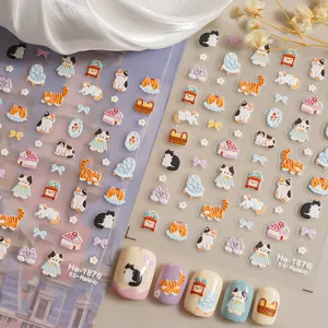 5D embossed cute cat nail stickers relief cartoon kitten nail art decors for manicure design