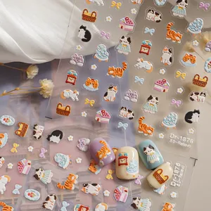 5D relief cute cat nail stickers with adorable cartoon designs for DIY nail art decoration.