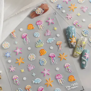 5D embossed nail stickers featuring cute jellyfish starfish and ocean marine life designs.