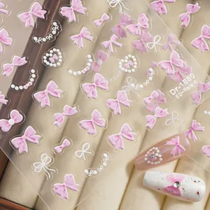 5D reliëf roze strik nagelstickers parel lijn zelfklevende nageldecals detailweergave