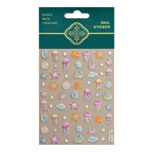 5D relief ocean nail stickers featuring cute jellyfish fish and coral designs for manicure art.
