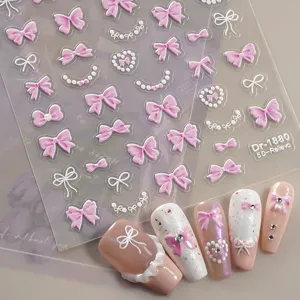 5D geprofileerde roze witte strik nagelstickers parel schattige manicure stickers