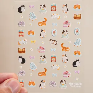 5D embossed cute cartoon cat nail art sticker details with delicate relief design.