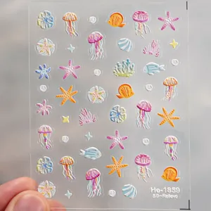 5D embossed marine nail stickers featuring cute jellyfish and starfish close-up detail.