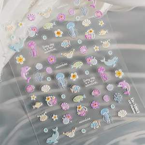 5D embossed ocean nail stickers cute dolphin jellyfish shell nail art decorations art