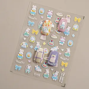 5D embossed cute rabbit nail stickers detail, featuring adorable bow and dress cartoon designs.