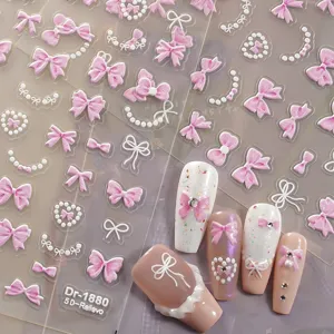 5D in reliëf roze strik nagelstickers parel vlinder nail art stickers voor mooie nageldesign