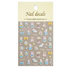 5D embossed cute rabbit nail stickers, sweet bow and cake designs for DIY nail art decoration.
