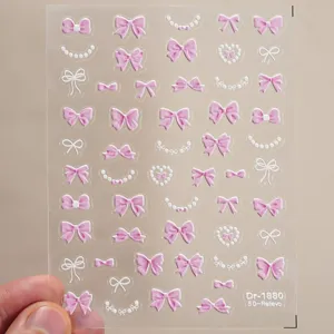 5D reliëf strik parel nail art stickers schattige roze manicure decal blad voor nageldecoratie