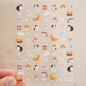 5D relief cute cat nail stickers, cartoon transparent nail art decals for women girls.