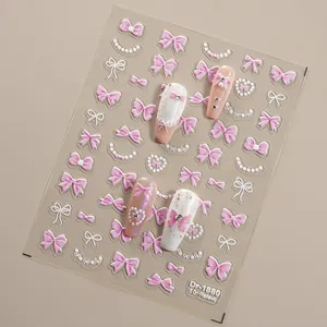 5D in reliëf gemaakte roze strik parel nagelsticker vel, schattig 3D nail art sticker detail.