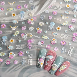 5D embossed ocean nail stickers with cute fish jellyfish shell designs for DIY manicure art.